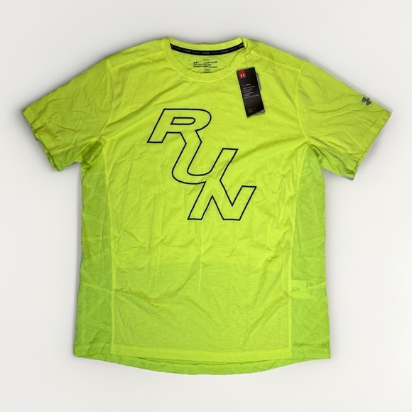 Under Armor Run Fitted Heatgear Men Size XL Yellow Short Sleeve Crew-Neck Shirt - Picture 1 of 8